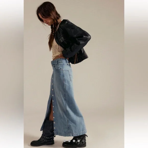 Free People Astoria Denim Maxi Skirt We The Free Belt Adjustable Dark Blue